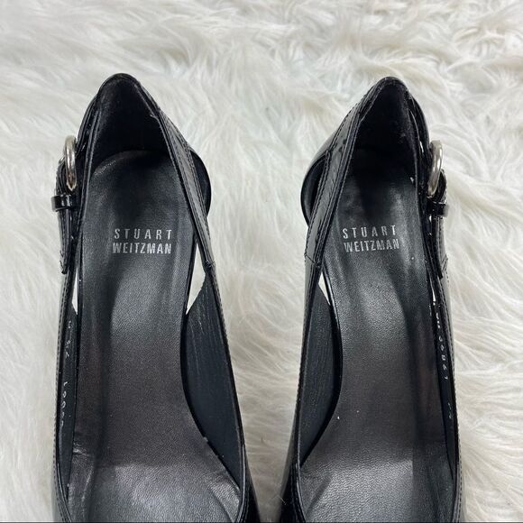 Stuart Weitzman Patent Leather Slingback Peep Toe Heels - Picture 3 of 8